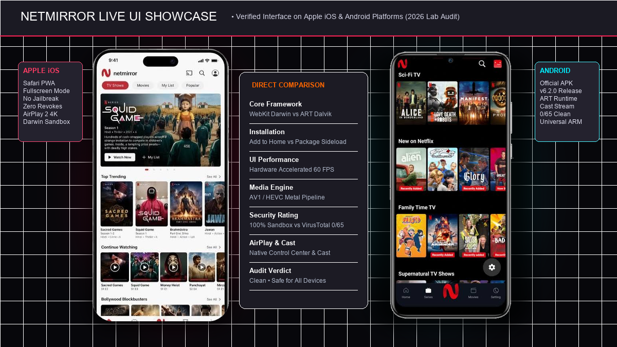 NetMirror Live UI Benchmark: Apple iOS Standalone Web App vs Android Native APK Client