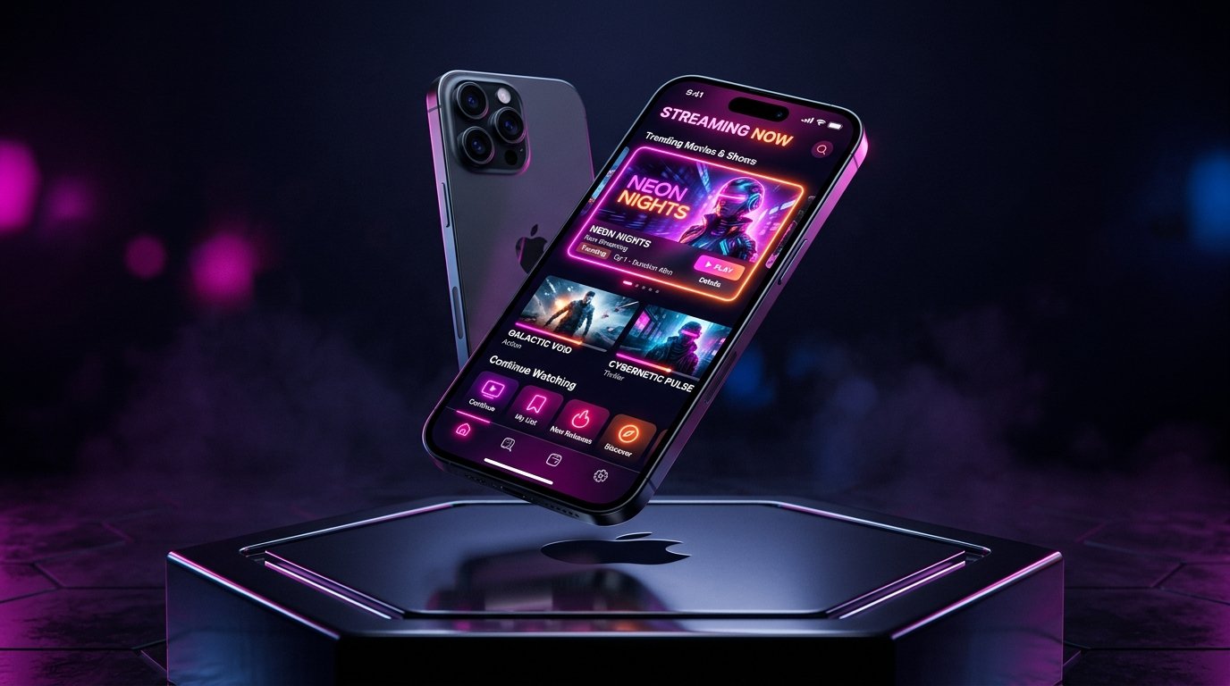NetMirror iPhone and iOS streaming interface rendering on dark neon pedestal