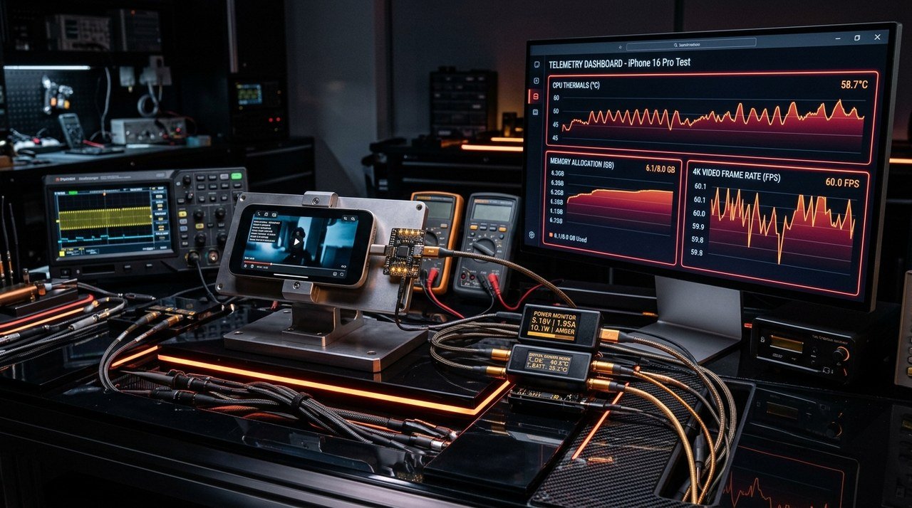 Apple iPhone 16 Pro connected to digital oscilloscope and live telemetry dashboard during 4K streaming benchmark